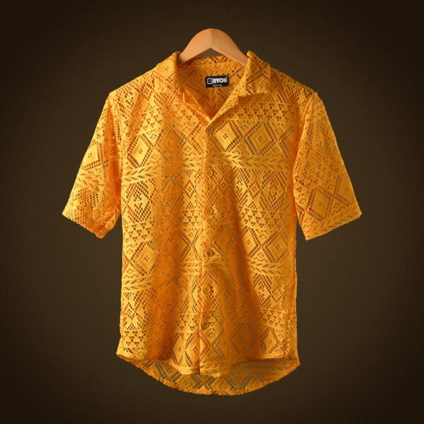 RYON MUSTURED YELLOW HALF SLEEVE CAMP COLLAR CROCHET SHIRT