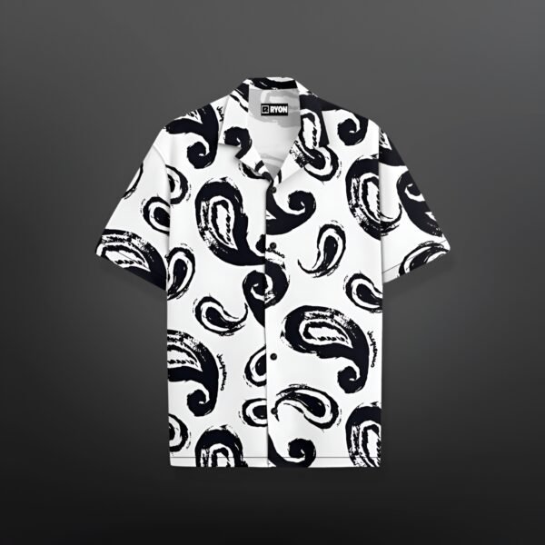 RYON ROYAL BLACK PATTERN WHITE CAMP COLLAR DROP SHOULDER RESORT SHIRT