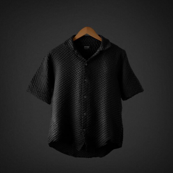 RYON POPCORN BLACK HALF SLEEVE CAMP COLLAR SHIRT